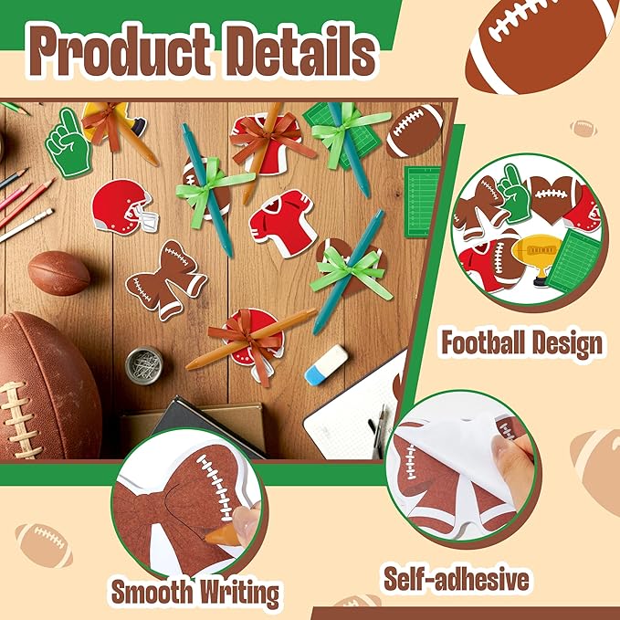 Football Sticky Note Pads - Football Game Day Bright Colors Super Sticky Note Pads Ribbons Ballpoint Pens Sticking Power Page Markers Strong Adhesive Semester School Supplies Clean Removal