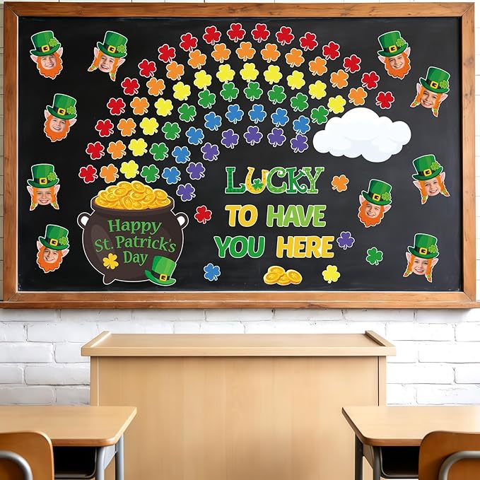 149Pcs St. Patrick’s Day Bulletin Board Decorations Set, Lucky Shamrock Classroom Door Decorations, Irish Clover Paper Cutouts DIY Photo for Teacher Office Home Wall Decor Party Supply