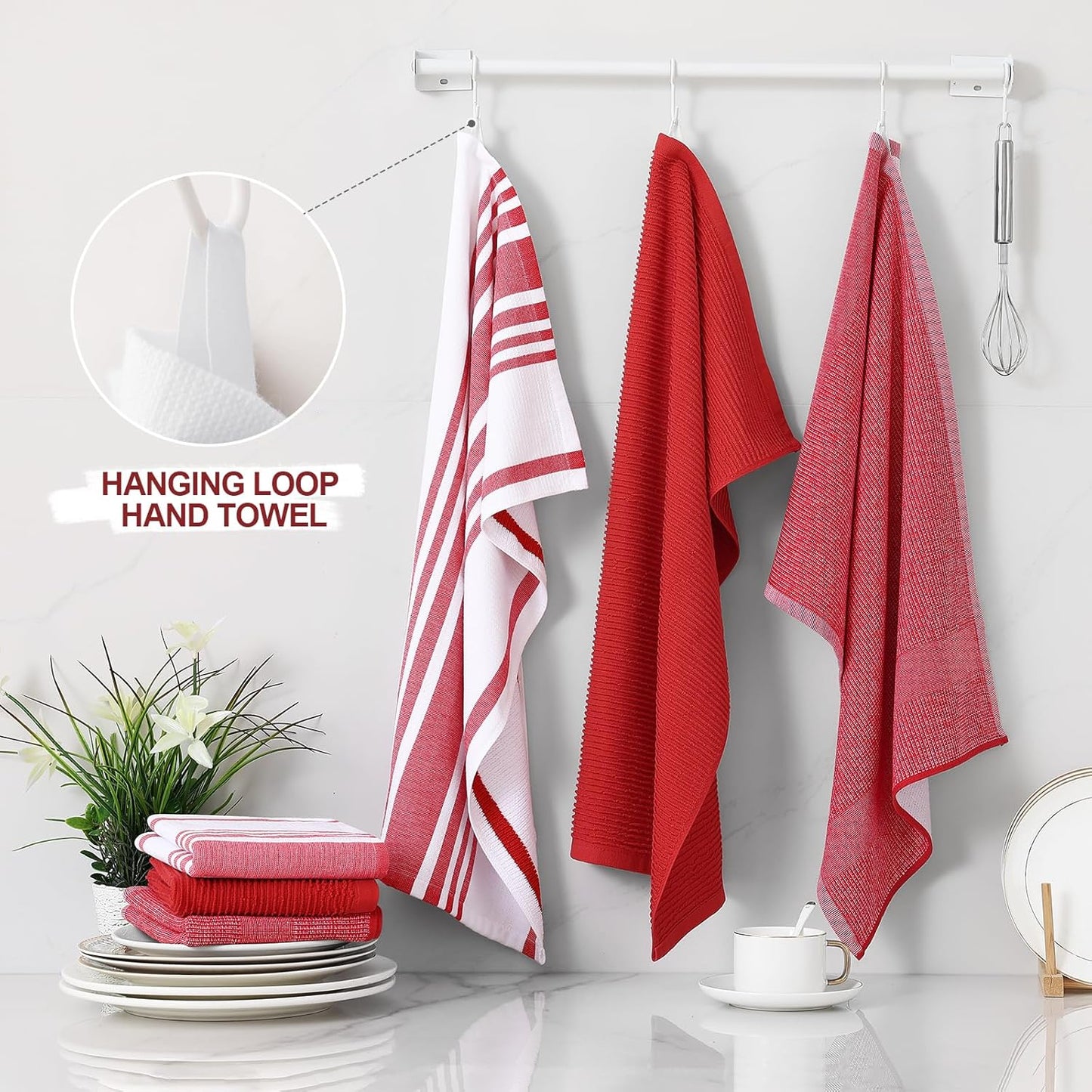 Homaxy Premium Kitchen Towels(18”x 28”, 3 Pack), Large Cotton 380 GSM Kitchen Hand Towels, Soft and Absorbent Terry Dish Towels, Multipurpose Tea Towel Set with Hanging Loop, Red