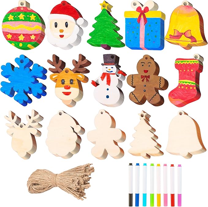 JOYIN 100 Pcs Christmas Wooden Ornaments Crafts to Paint, Unfinished Wood Painting Kits with 8 Watercolor Pens for Kids, Make Your Own DIY Hanging Ornament for Xmas Tree Decor Party Supplies (Age 8+)