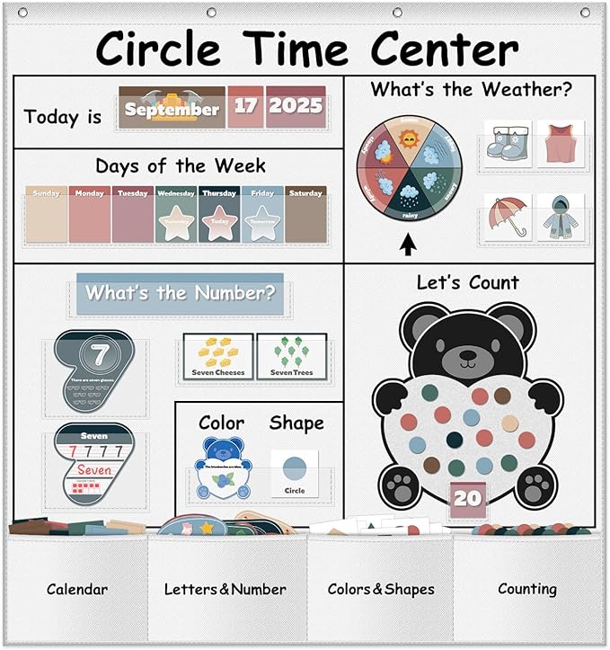 Circle Time Learning Center Pocket Chart for Classroom, Dry Erase Alphabet & Number Flash Cards, Write ABC Letter Tracing Writing Practice Games for Kids, Learning Weather Counting Color Shape