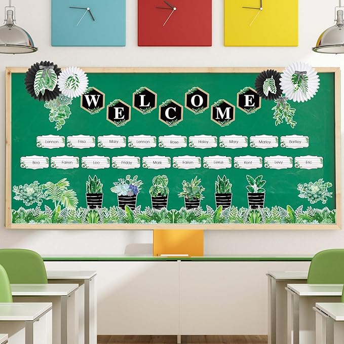 Kosiz Plant Classroom Decorations Sets Boho Greenery Bulletin Board Decor Included Welcome Banner Birthday Bulletin Board Class Jobs Chart for Eucalyptus Nature theme Back to School Classroom Decor