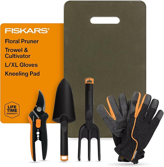 Fiskars 5-Piece Flower Gardening Essentials Set, Floral Pruner, Trowel, Cultivator, Gloves & Kneeling Cushion, Easy Action Bypass Blade with Wire Cutter & Stem Stripper, Lightweight Rustproof