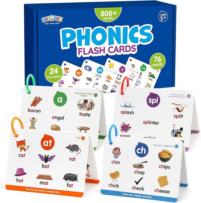 Phonics Flash Cards, 76 Cards 24 Principles, Learn to Read Phonics Games, CVC Digraphs Blends Long Vowel Sounds, Classroom Homeschool Educational Toys for Kids Ages 4-8 Kindergarten 1st 2nd Grade