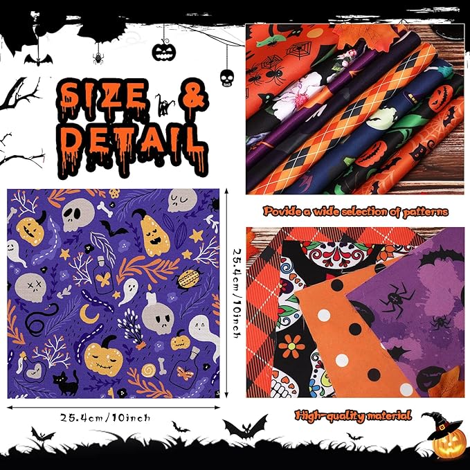 60 Pcs 10 x 10 Inch Halloween Fabric Polyester Fabric Bundle Fat Quarters Bat Pumpkin Ghost Skull Print Squares Holiday Quilting for DIY Decorations Sewing Craft, 30 Styles (Ghost)