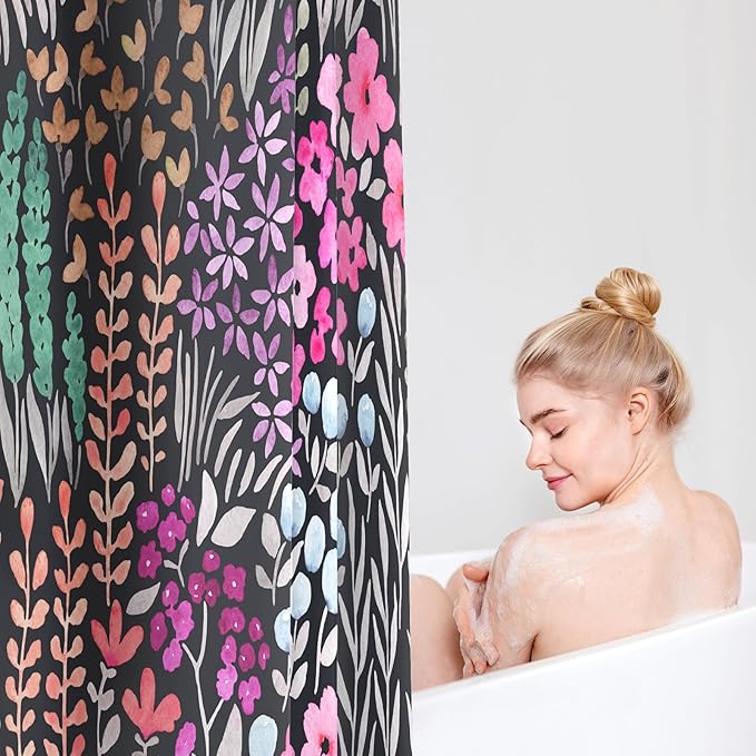 Extra Long Shower Curtain 72 x 84 Inch, Tall Cute Floral Shower Curtain for Bathroom, Black Hot Pink Wildflower Boho Cottagecore Fabric Shower Curtain Set with Hooks
