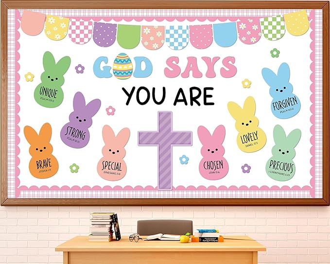 Easter Christian Bulletin Board Decorations God Says You are Religious Classroom Paper Cutouts Inspirational Cross Bunny Decor for Sunday School Church Classroom Chalkboard Wall Decor Teacher Supplies