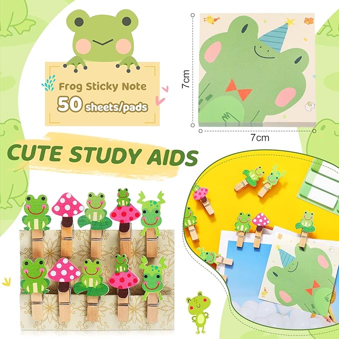Crtin 69 Pcs Cute Sticky Notes Set,Cartoon Pen, Stickers, Paperclip, Sticky Memos Office & Party Favors(Frog)
