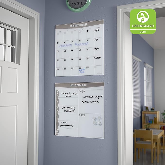 ECR4Kids MessageStor Magnetic Dry-Erase Glass Board with Magnets, 17.5in x 17.5in, Wall-Mounted Whiteboard, Grey, 2-Pack