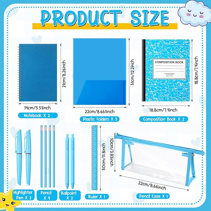 48 Pcs School Stationary Set Essentials Bundle Include Folders Notebooks Rulers Scissors Pencils Pens and Much More Back to School Gifts for Students(Blue)