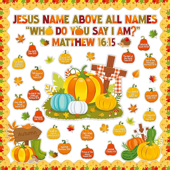 Thanksgiving Fall Christian Bulletin Board Decoration Set Religious Pumpkin Cutouts Autumn Bible Bulletin Board for Kid Preschool Classroom Chalkboard Party Decor Sunday School Church Wall(Jesus Name)