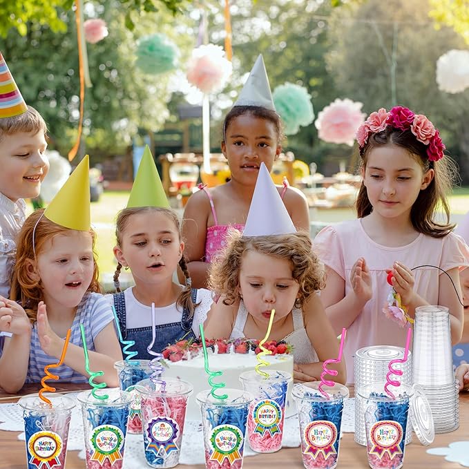 Qinyoung 24 Set Creative Happy Birthday Gifts from Teacher Students Birthday Cups with Lids Colorful Straws Stickers and Raffia Disposable Plastic Cups for Reward Kids Prize Classroom Party Supplies
