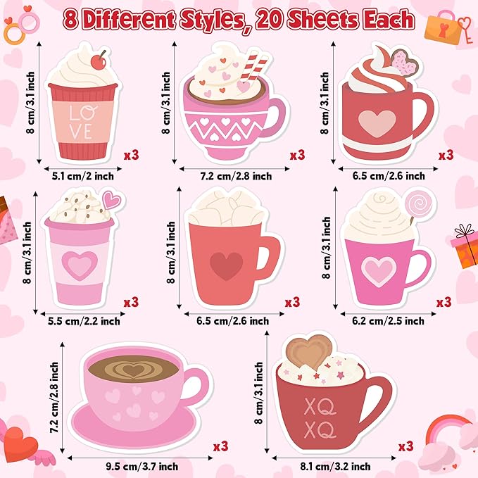 Xqumoi Valentine’s Day Coffee Cup Sticky Notes with Pen Gift Set - 24 Set Heart Self Sticky Writing Memo Pads Ballpoint Pens with Mesh Bag Party Favors Wedding School Classroom Rewards Office Supplies