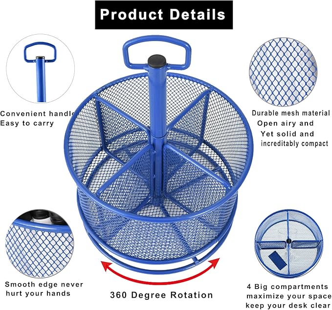 Marbrasse Mesh Desk Organizer, 360-Degree Rotating Multi-Functional Pen Holder, 4 Compartments Desktop Stationary Organizer, Home Office Art Supply Storage Box Caddy (Blue)