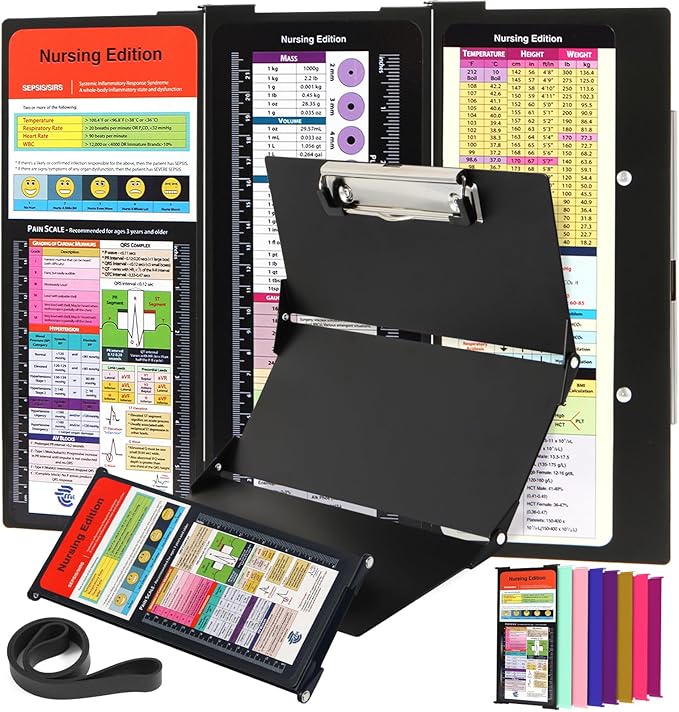 Nursing Clipboard Foldable with Medical Edition Cheat Sheets, 3 Layers Aluminum Foldable Clipboard for Nursing, Notepad for Students, Nursing School Essentials (Black)