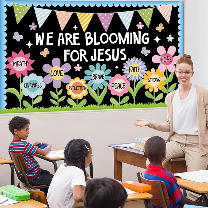 Naozinebi Spring Religious Christian Bulletin Board Sets Sunday School Decoration for Classroom Positive Floral Bulletin Board We are Blooming for Jesus Paper Cutout for Christian Church School Decor