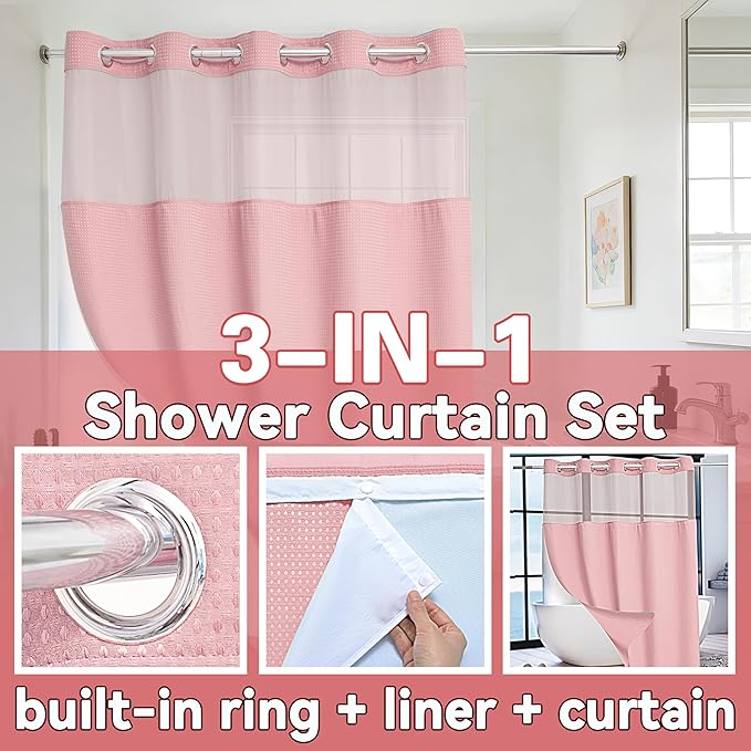 Conbo Mio No Hook Waffle Weave Shower Curtain with Snap in Liner Set, Hotel Luxury Pink Shower Curtains for Bathroom with See Through Top Window, Waterproof, Washable 71W x 74H