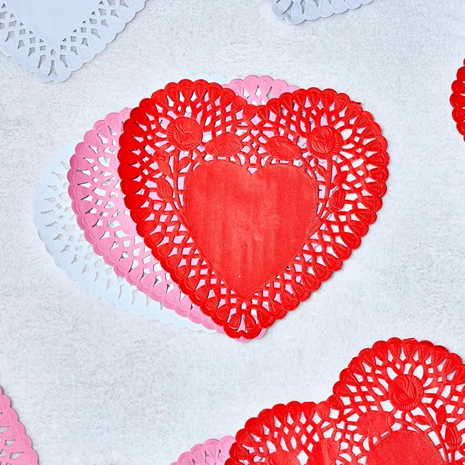 JOYIN 102 PCS 10" Valentines Day Heart Doilies, Tableware Decoration, Home Activitie, Kitchen Disposable Table Crafts, Red White Pink Heart Doilies