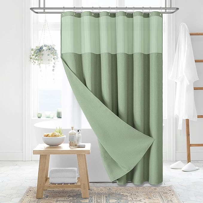 Dynamene 78 Inch Long Shower Curtain, Tall Waffle Fabric Shower Curtains for Bathroom, Hotel Waterproof Cloth Shower Curtain Liner Set with Hooks, Snap in Liner, Mesh Top Window, Sage Green, 72x78