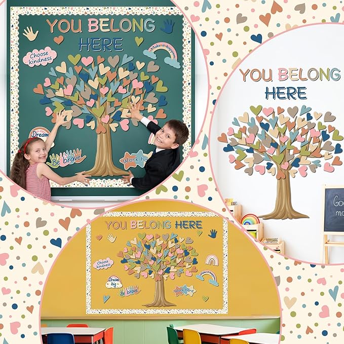Boho Classroom Tree Bulletin Board Decorations Heart Cutouts Border Welcome Classroom You Belong Here Bulletin Board Decor Supplies for Chalkboard Elementary School Home Wall(You Belong Here)