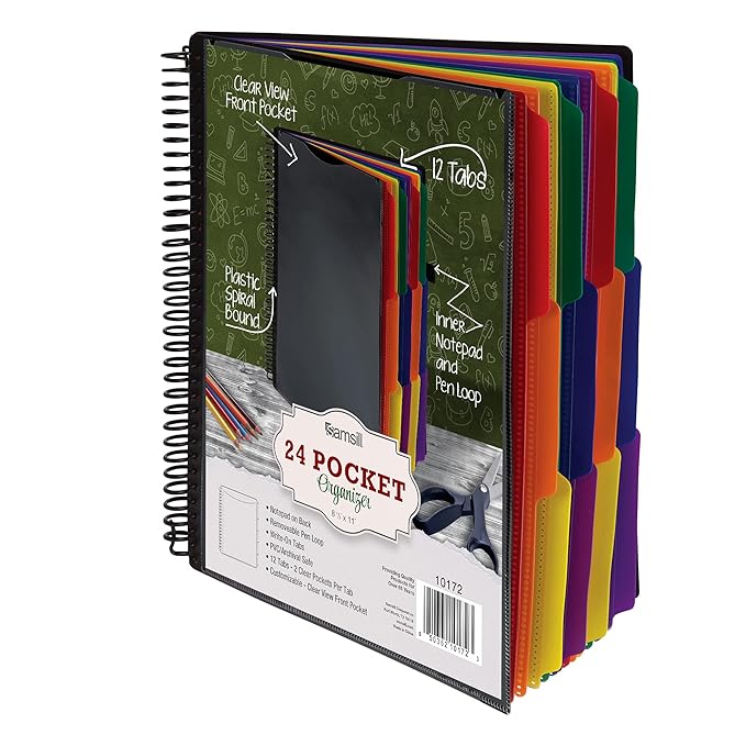 Samsill Spiral Folder Organizer - 12 Dividers & 24 Pockets with Notepad Holder, Multi Pocket Color Cordinated Folder Binder with Customizable Tabs, Document Organizer (Basic)