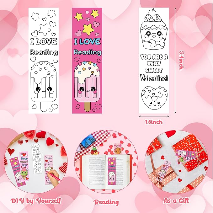 75Pcs Valentine’s Day Color Your Own Bookmarks Desserts Theme DIY Coloring Blank Bookmark Classroom Art Craft Supplies for Teachers Students Valentines Party Gift Supplies Reward Goodie Fillers
