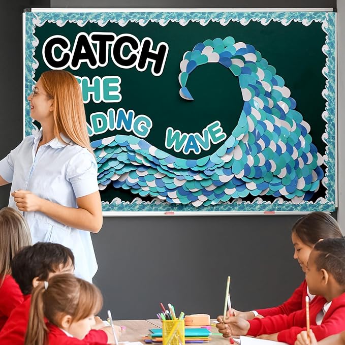 Summer Ocean Reading Bulletin Board Decorations Ocean Waves Theme Bulletin Board Set Catch The Reading Wave Half Heart Cutouts for Library School Classroom Chalkboard Wall Decor
