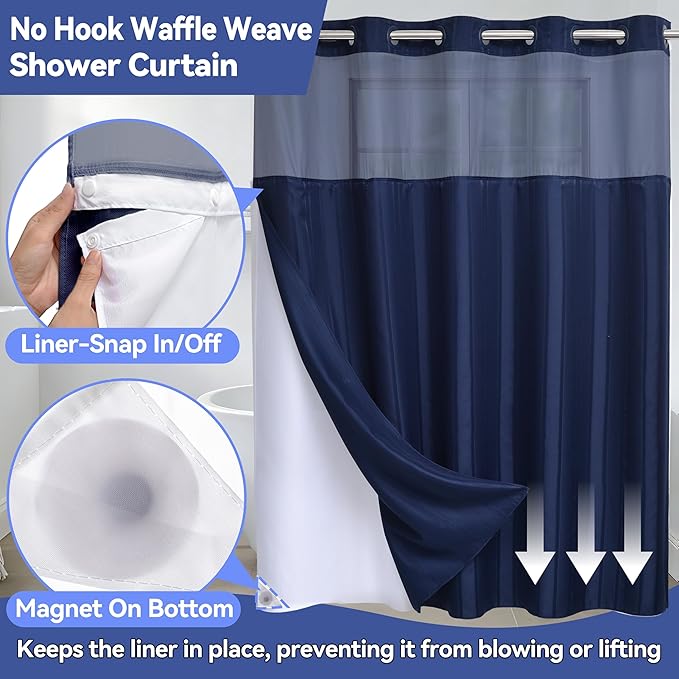 Conbo Mio Extra Long No Hook Waffle Weave Shower Curtain with Snap in Liner Set, Hotel Luxury Dark Blue Shower Curtains for Bathroom with See Through Top Window, Waterproof, Washable 71W x 84H Stripe