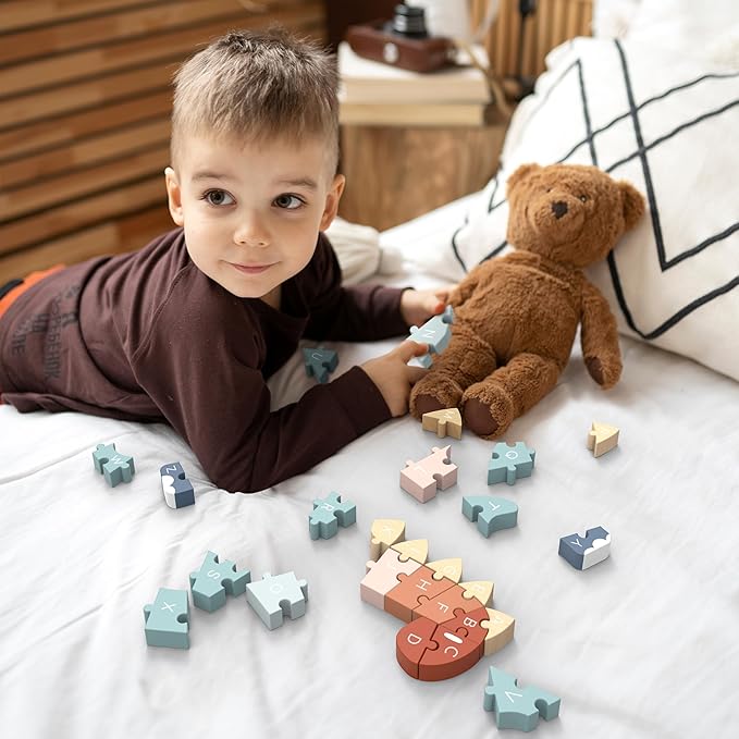 SPEEDY MONKEY ABC Dino Puzzle – Wooden Alphabet Animal Puzzle for Kids, FSC Certified Dinosaur Puzzles Activity, Colorful ABC Play – Learning Toy for Toddlers, Preschool Letter Recognition