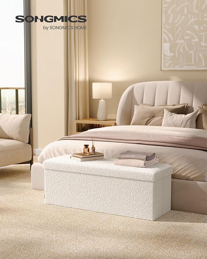 SONGMICS Storage Ottoman Bench, Storage Chest, 15 x 43 x 15 Inches, Foot Rest Stool, End of Bed Bench, Load up to 660 lb, for Living Room, Bedroom, Entryway, Cream White ULSF097W01