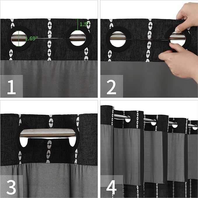 No Hook Extra Long Shower Curtain Set with Snap-in Liner,Linen Textured Thick Striped Fabric with Tassels,Boho Chic Modern Farmhouse Bathroom Curtain,Water-Repellent,Black,71x86