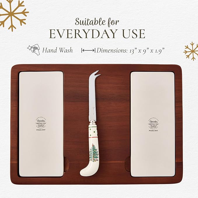 Spode Christmas Tree Cheese Board & Knife Set, Polka Dot - Holiday Entertaining, Charcuterie & Cracker Tray, Seasonal Serveware - Christmas Table Setting & Cheese Presentation