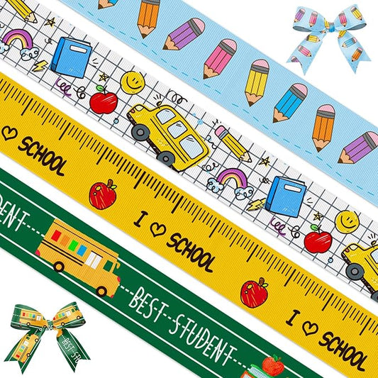 Threetols 4 Rolls 20 Yards Back to School Grosgrain Ribbons, Blue Green Yellow, Apple Pencil School Bus Gift Wrapping for Teacher Kindergarten Party Supply