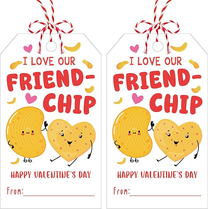 50Pcs Friend-chip Valentines Tags, Valentines Gift Label with String, Hanging Paper Gift Label for Wrapping Treat Bag, Idea Valentine's Activity School Classroom Party Favors