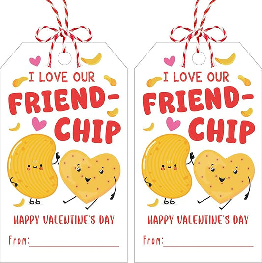 50Pcs Friend-chip Valentines Tags, Valentines Gift Label with String, Hanging Paper Gift Label for Wrapping Treat Bag, Idea Valentine's Activity School Classroom Party Favors