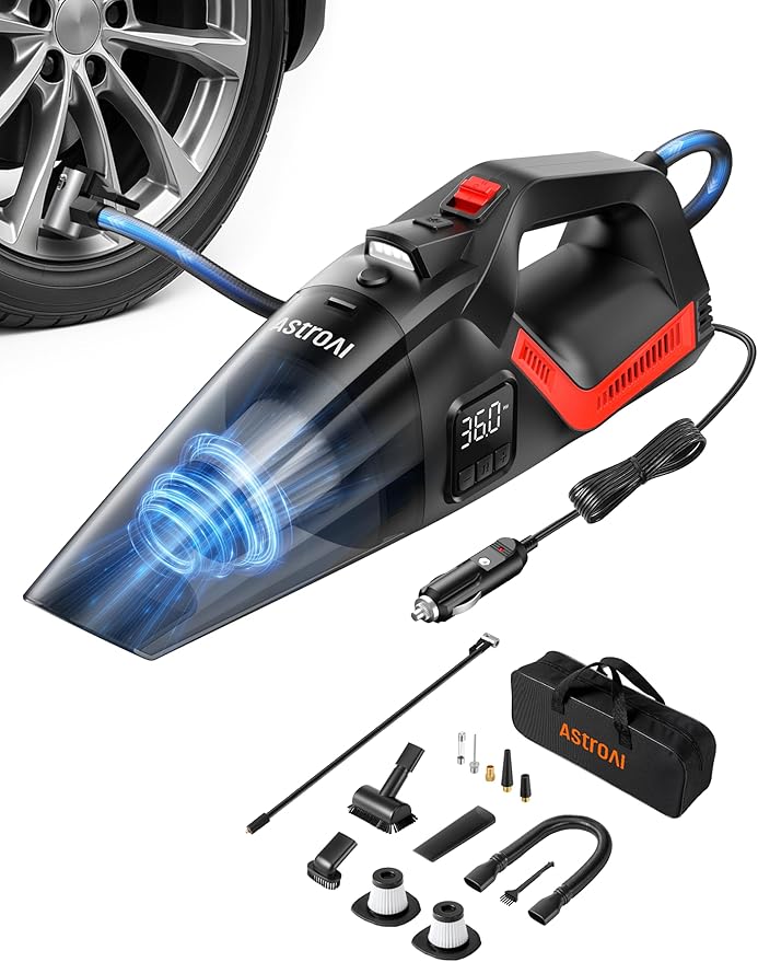 AstroAI 4-in-1 Car Vacuum Cleaner and Tire Inflator Portable with Accessories Air Compressor Digital Dual Values Display, 150 PSI Car Tires Air Pump with LED Light, 12V DC, 16.4FT Cord for Auto