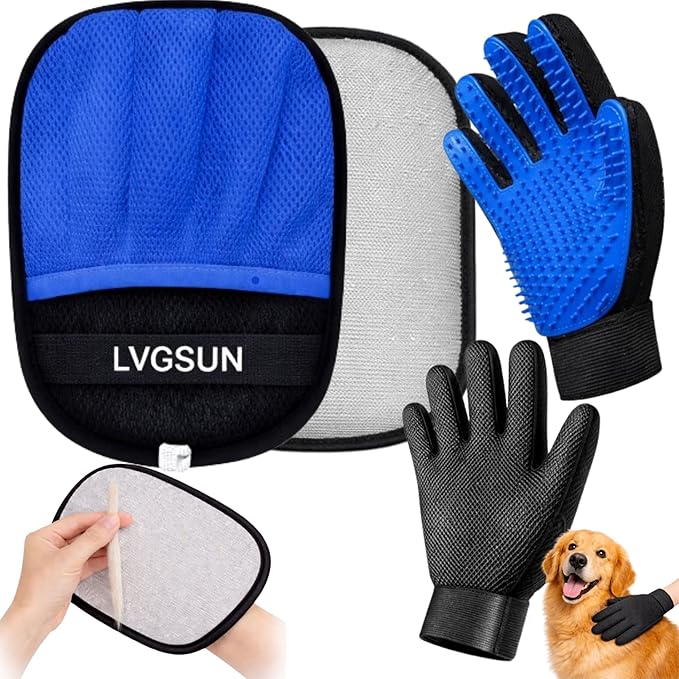 3-in-1-Pet Hair Remover Gloves for Cats & Dogs, Grooming & Deshedding Mitt Set – 2 Gloves + Extra Pad, Reusable Fur Removal Tool for Shedding, Sofa, Clothes, Carpet & Car Interior