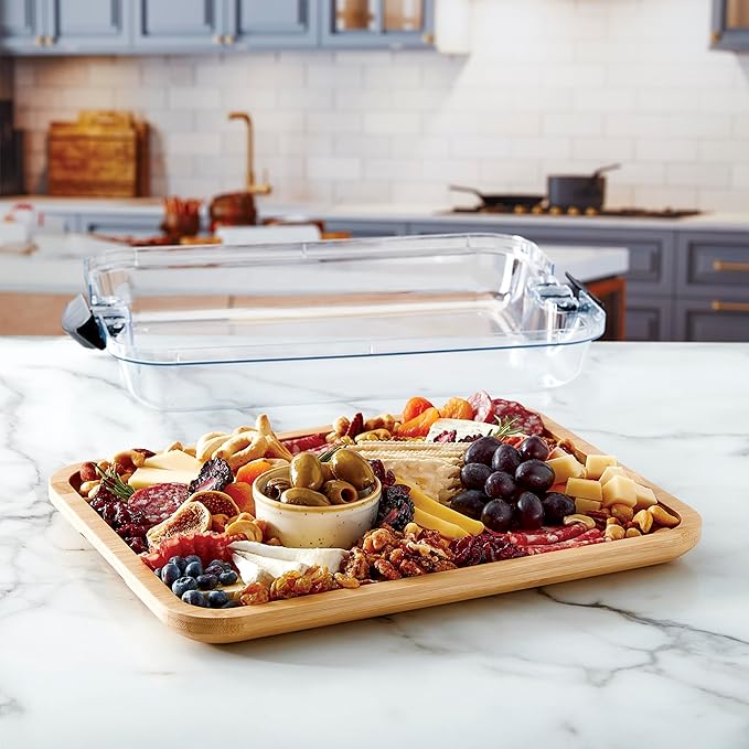 Farberware Build-A-Board Bamboo Cutting Board with Single Storage Compartment, Clear Locking Lid, Black Handles, Perfect for Charcuterie & Snacks