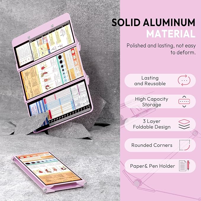 Nursing Clipboard Foldable, Foldable Clip Board w/Nursing Edition Medical Charts,3 Layers Aluminum, Nurse Note w/Low Profile Clip&Pen Clip for Students, Nurses and Doctors, Baby Pink