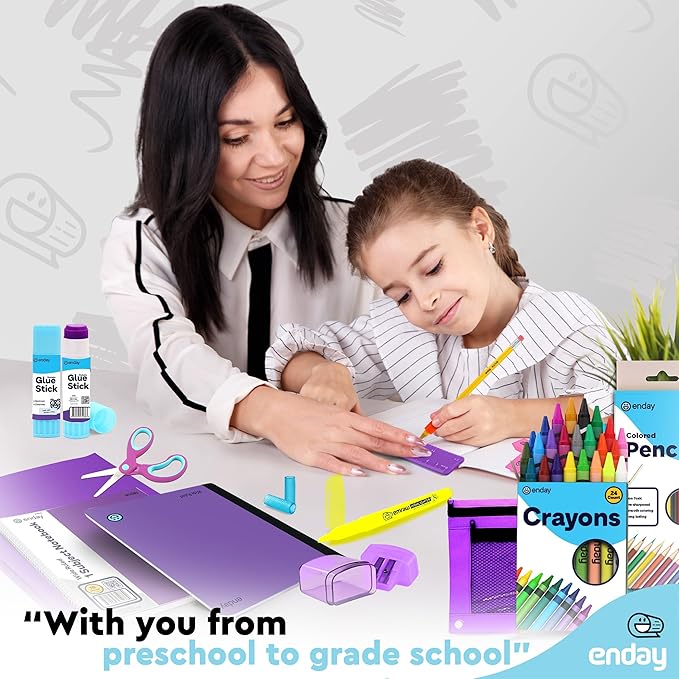 Back to School Supplies for Kids, Purple School Supply Box Grades K-5, Premium Quality Kids School Supplies Kit, Kindergarten School Supplies for Girls and Boys, 71 Piece Set - by Enday
