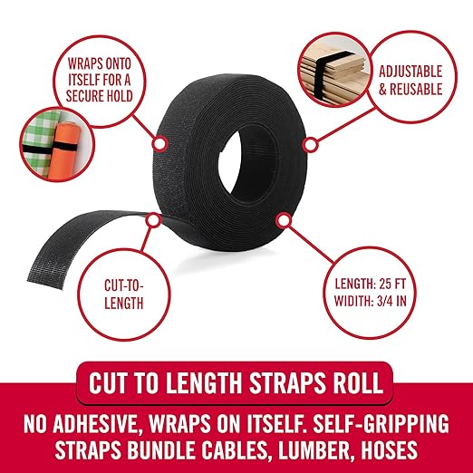 VELCRO Brand ONE-WRAP Bundling Ties – Reusable Fasteners for Keeping Cords and Cables Tidy – Cut-to-Length Roll, 25ft x 3/4in, Black