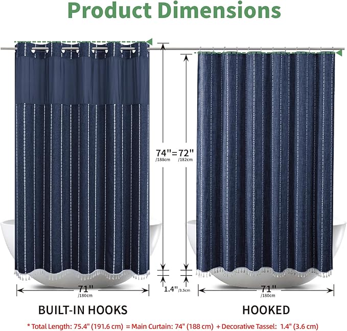 No Hook Boho Farmhouse Shower Curtain with Snap-in Liner Set,Linen Rustic Heavy Duty Striped Fabric Shower Curtain with Tassel,Hotel Style Cloth Shower Curtains for Bathroom,Navy Blue,71x74