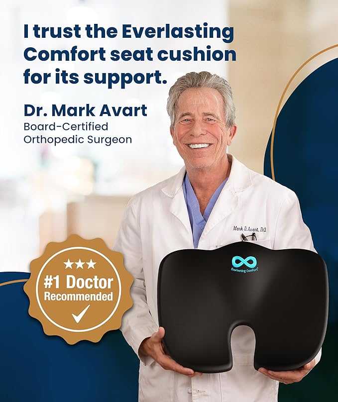 Everlasting Comfort Doctor Recommended Memory Foam Seat Cushion for Office Chairs & Car - Ergonomic Office Desk Accessories - Cushions for Tailbone Pain Relief, Sciatica (Black, Large)