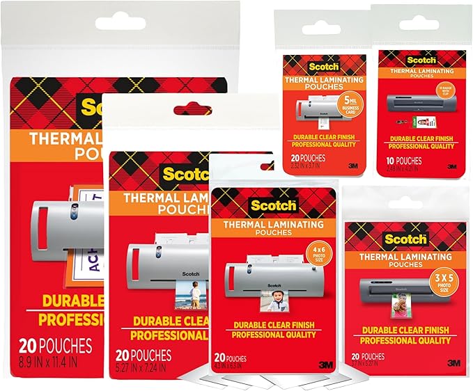 3M Thermal Laminating Pouch Variety Pack, 110 Assorted Clear Pouches (6 Sizes, from Small ID 2.52" x 4.25" to Letter 9" x 11.4"), 3 mil & 5 mil for Documents, Photos, Cards, Badges