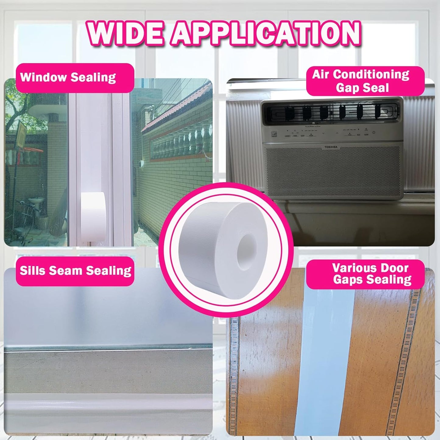 White Window Weather Sealing Tape 2Inch X 65Ft,Window AC Seal Air Conditioner Sealing Tape,Residue-Free for Keep Out Drafts Cold Air Rain Dust Smog