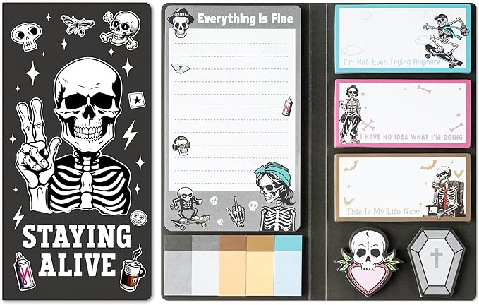 B1ykin Cute Sticky Notes Set - Stay Alive Skeleton Shaped Self-Stick Notes Pad, 550 Sheets Writing Memo Pages Sticky Notepad for Teacher Appreciation Gifts, School Office Supplies (Funny Skeleton)