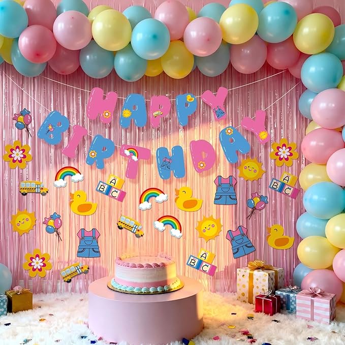 Epakh 39 Pcs Cartoon English Teacher Birthday Party Decorations Includes 24 Pieces Paper Cards 13 Pcs Happy Birthday Banner 2 Pieces Foil Fringe Curtain Backdrop for Photo Prop Themed Party Supplies