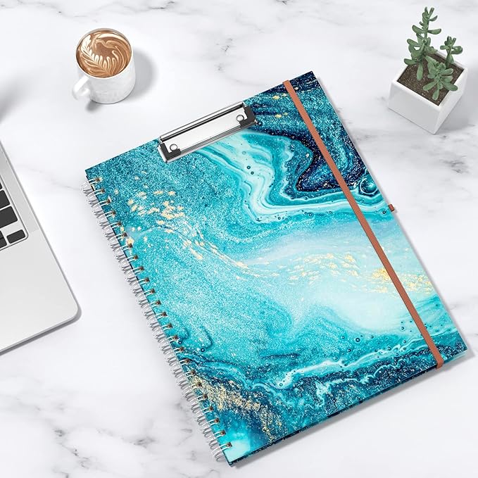 Rimilak Spiral Clipboard Folio with Refillable Lined Notepad, 14.5 x 9.8 In, Hardcover Cover with 5 Interior Pockets, Elastic Band and Pen Loop Series. Cute Stylish Clipfolio, Teal Marble