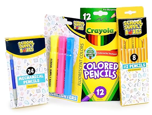 School Supply Boxes | Artistic Case (4 Boxes) | Back to School Essentials Kit for Students & Teachers | Includes Dry Erase Pocket Folders, Coloring Products, & Glue Products