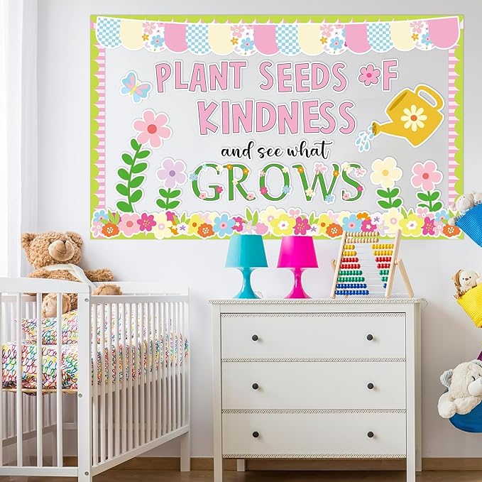 Spring Floral Bulletin Board Set Plant Kindness Colorful Flower Paper Cutouts Motivational Plants Classroom Decoration for Summer Wall Door Decor Kindergarten Back to School Supply